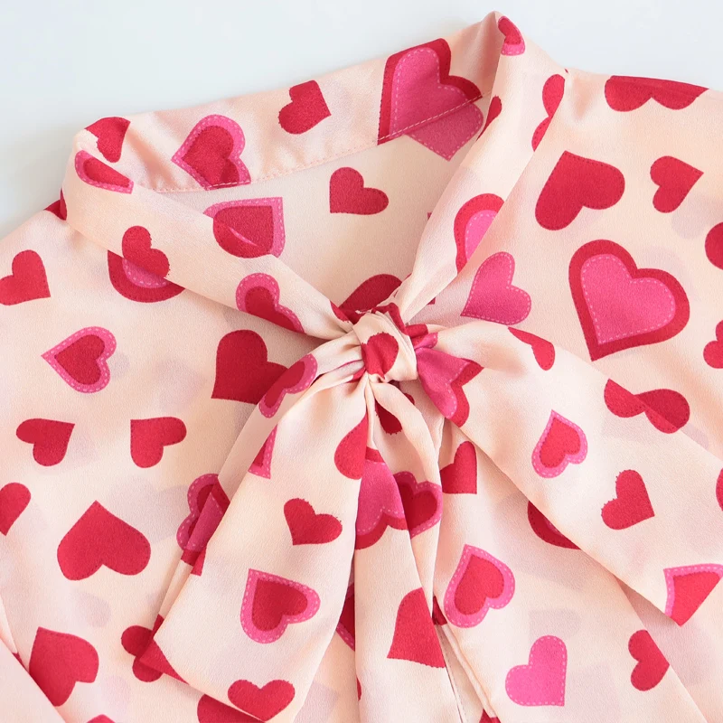 MUMUZI Chiffon Blouses Long Sleeve Summer New 2020 Loose Bow Tie Blouse Red Heart Print Pink Shirt tunique femme bluse women