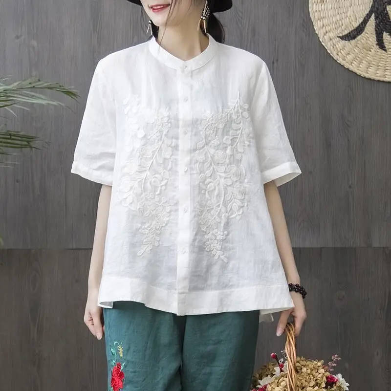 

Cotton Linen Button Up Shirt Stand Collar Top 2021 Embroidery Loose Large Size Short Sleeve Women Camisas Mujer