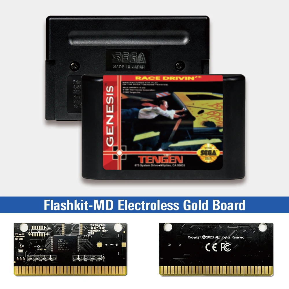 

Race Drivin' - USA Label Flashkit MD Electroless Gold PCB Card for Sega Genesis Megadrive Video Game Console