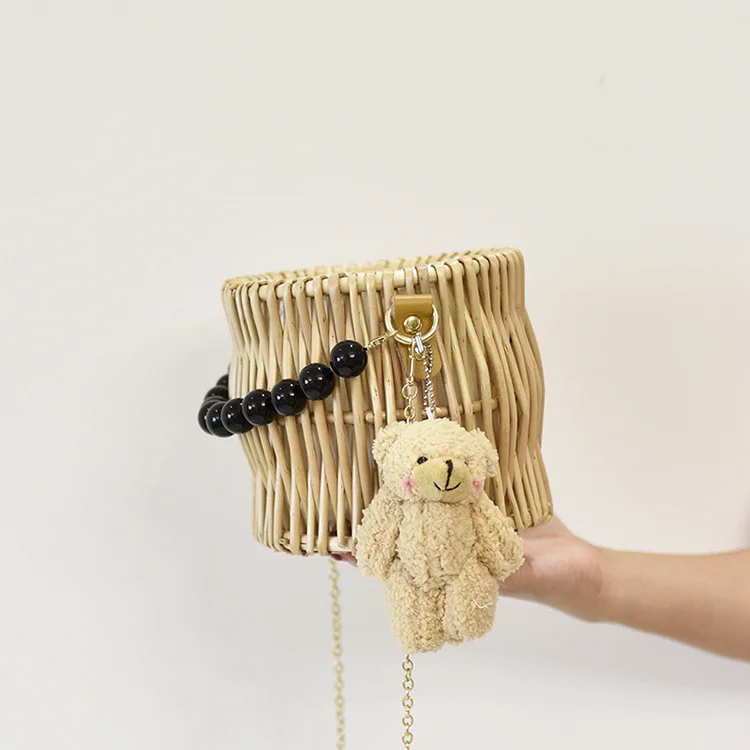 

Beading Chain Summer Small Straw Shoulder Bags For Women Rattan Weave Travel Beach Bucket Bag Women's Fashion Crossbody Handbags