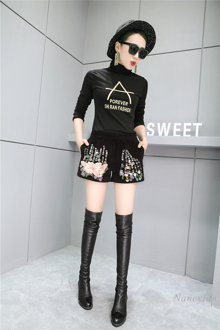 

Corduroy Shorts Women's Loose Wide-Leg Autumn and Winter New Heavy Embroidery Sequins Casual All-Matching Boot Trousers
