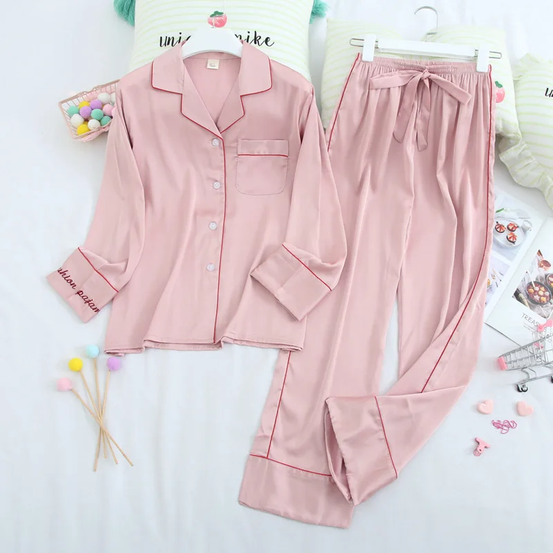 

Fiklyc underwear long pants women's autumn ice silk pajamas sets with letter print casual female nightwear lounge sets HOT