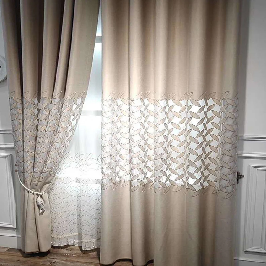 

Grey irregular Embroidered Leaves Curtain for Living Room Elegance Semi-Blackout Coffee Hollow Window Drapes for Bedroom #30