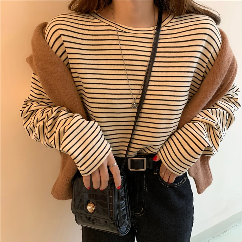 

New Korean Fashion Clothing Casual Loose O-neck Woman Tshirts Striped Long Sleeve Ladies Tops Hipster Spring Autumn Ins Tees