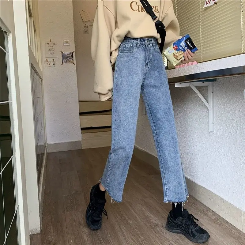 

Jeans Straight Spring All-match Simple Loose Design Women Fur-lined Bottom Denim Style Korean Empire Chic Ankle-length Elastic L