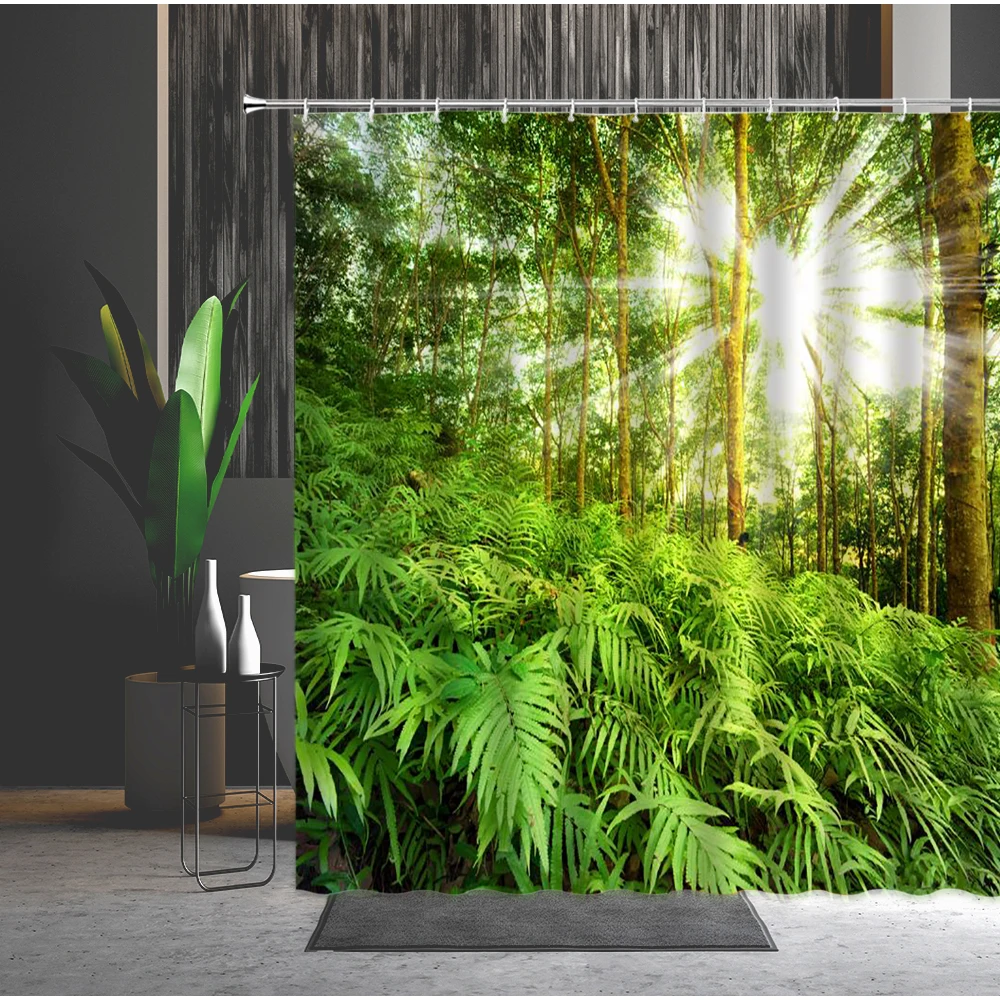 

Waterproof Shower Curtain Forest Pattern Natural Landscape 3D Printing Machine Washable With Hooks Bathroom Partition Curtains