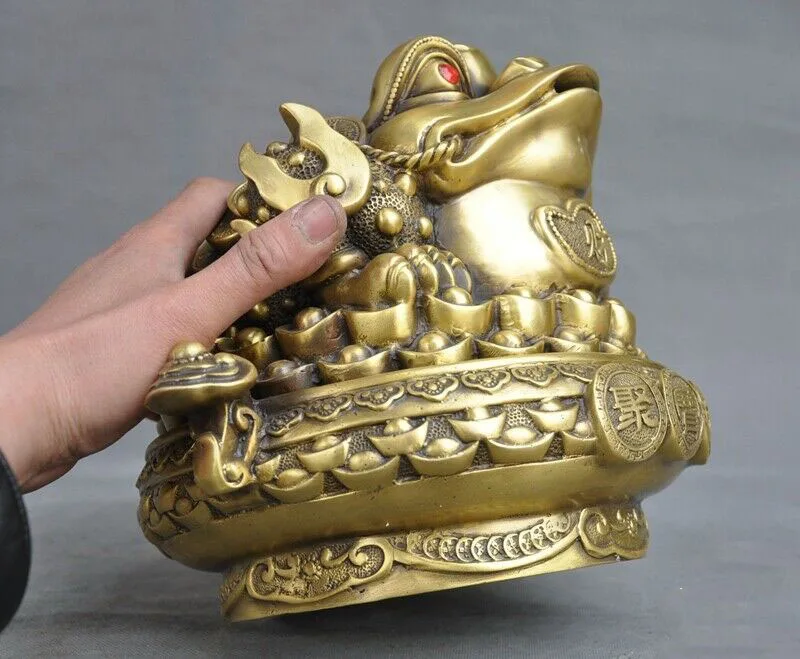 

wedding decoration China FengShui Brass treasure bowl Ingot yuanbao Golden Toad bufo spittor statue