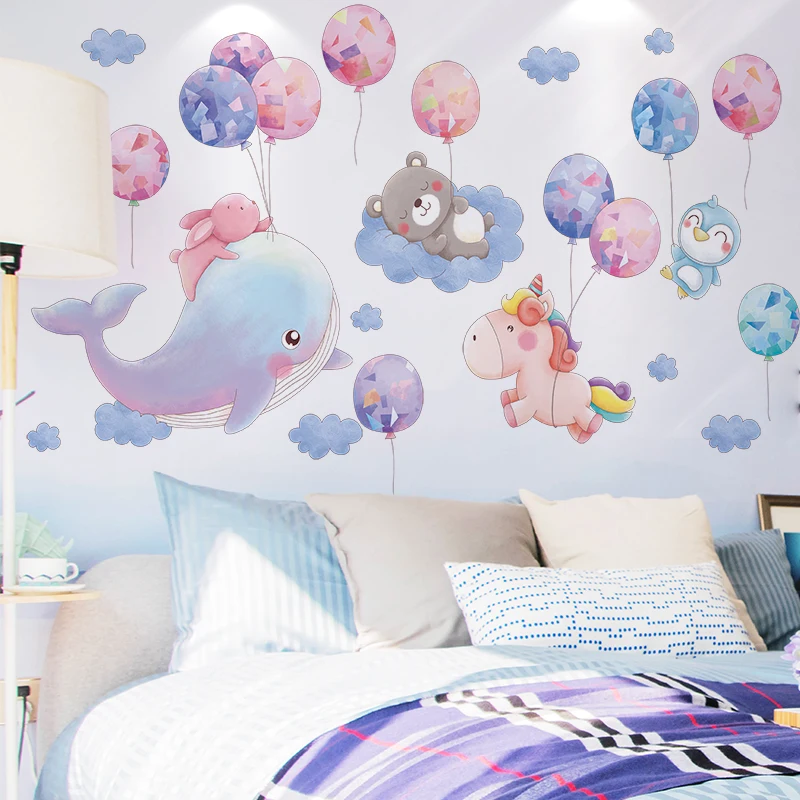 

Cartoon Animals Wall Stickers DIY Balloons Clouds Mural Decals for Kids Room Baby Bedroom Nursery House Decoration