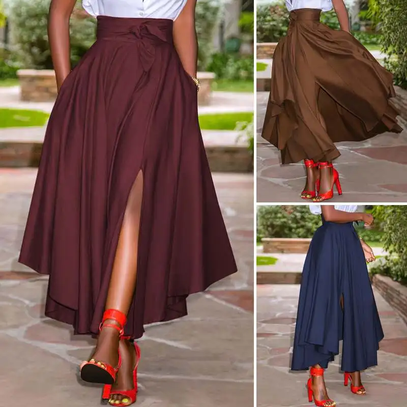 

Long Maxi Skirts Women Skirts Summer Vintage Zipper High Waist A-line Skirt Solid Irregular Beach Skirt