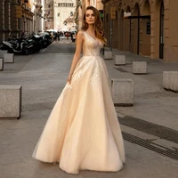 sodigne champagne modern wedding dress a line shiny lace appliques backless bridal gown plus size princess wedding gowns