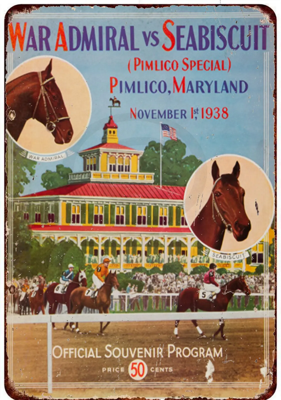 Custom Kraze 1938 Seabiscuit at Pimlico Horse Race Vintage Reproduction Metal Sign 8 x 12