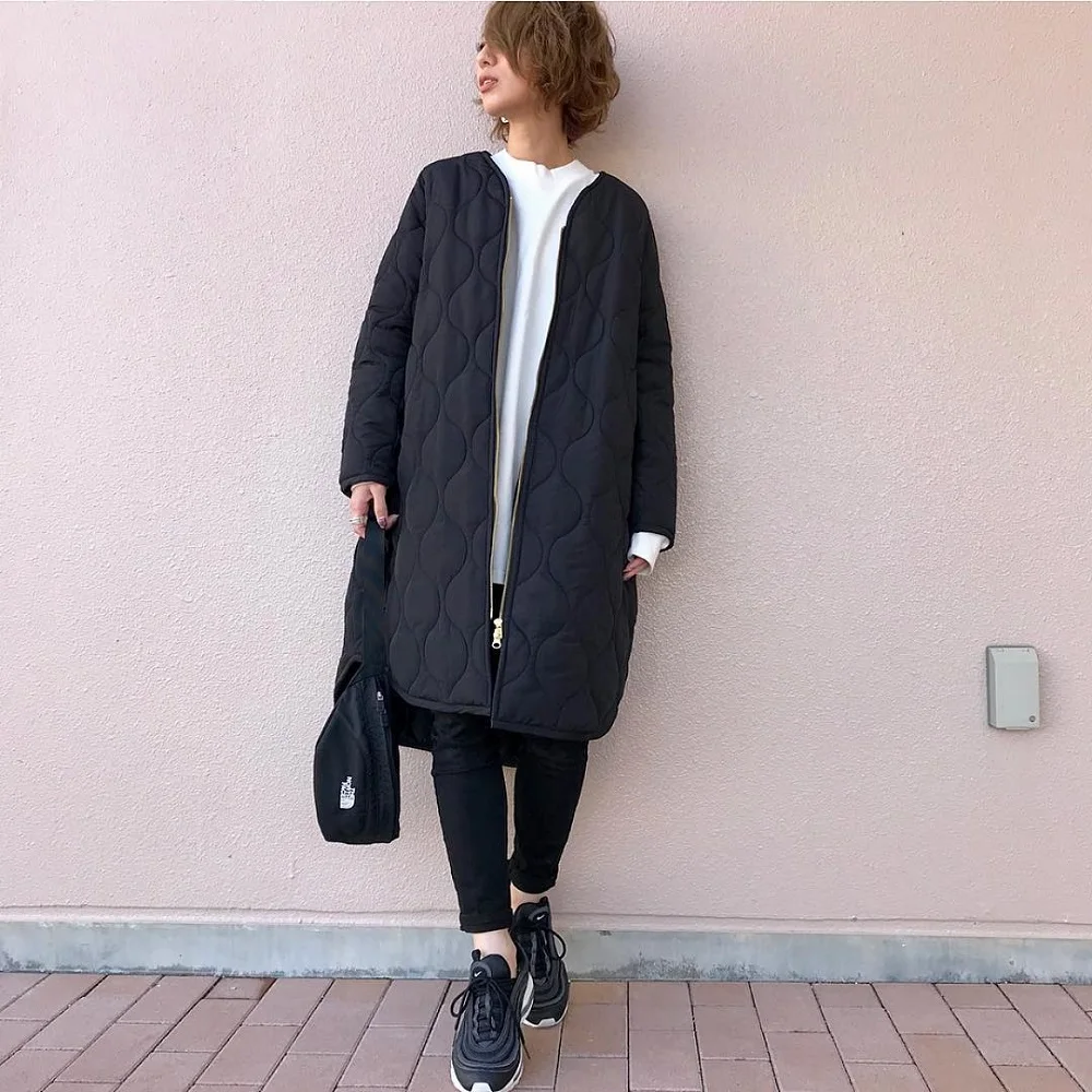 Spring Cotton Padded Jacket Office Ladies Korean Warm Solid Green Zipper Retro Causal Long Parkas Winter Coat Outwear Overcoat