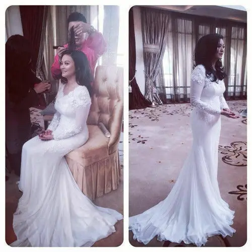 

New white ivory Long sleeve backless mermaid lace long sleeves lace wedding dress custom size 2020