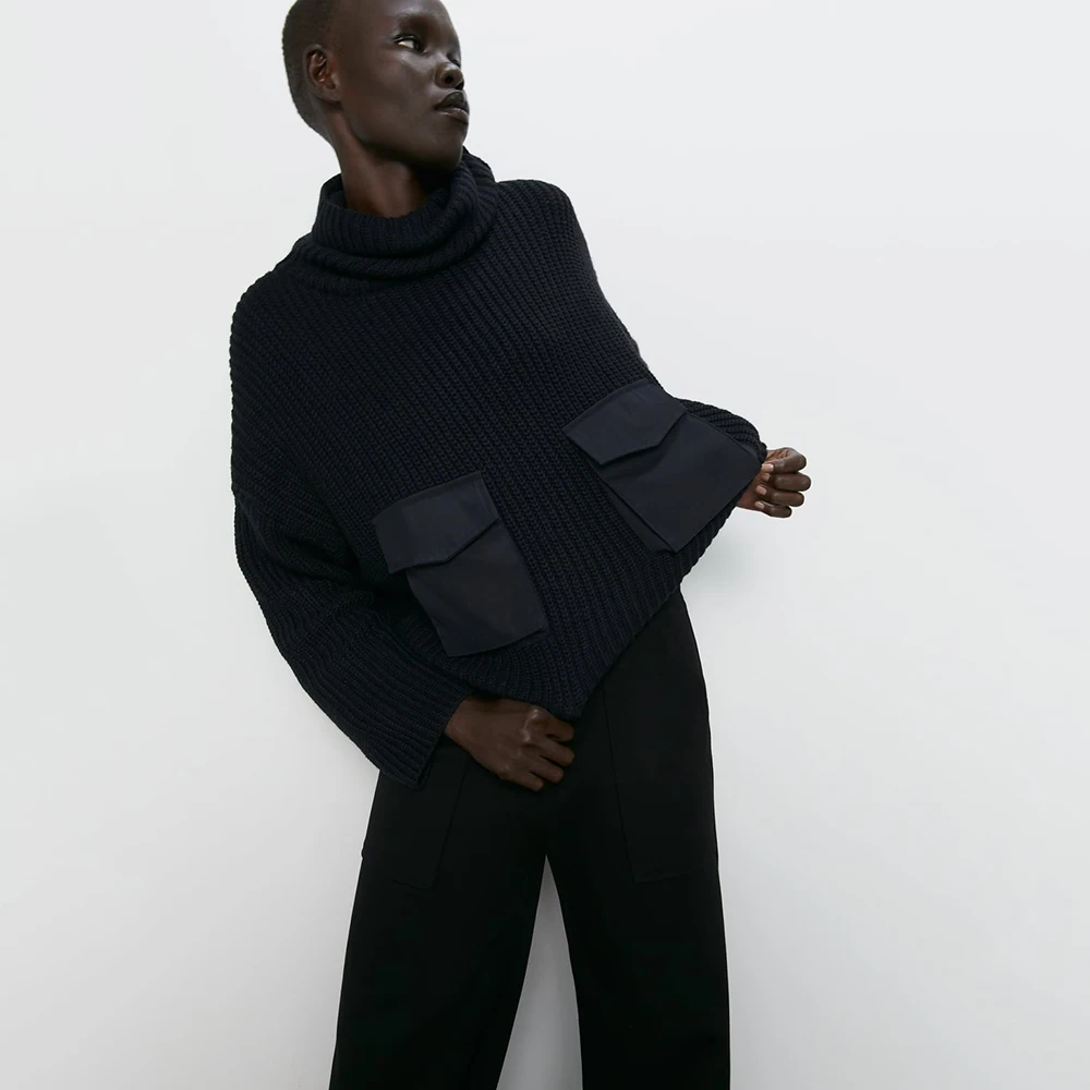 Новый Однотонный свитер ZA для женщин модный контрастный сшитый карман длинный