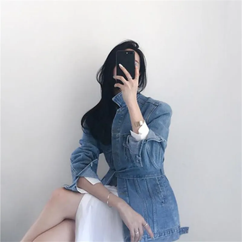 

2021 New Fashion Temperament Blue Retro Belt Denim Casual Jacket
