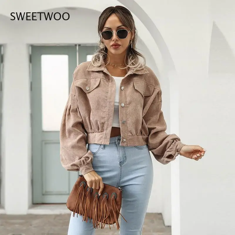 

Autumn and Winter Lantern Sleeve Short Coat Corduroy Short Coat Women's Lapel Jacket Coat Women's Coat Chic Top