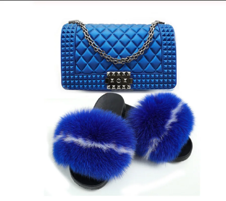 

GW Wholesale custom indoor slipper jelly bag flush real soft raccoon fur slipper outdoor slider sandals fox fur slides for women