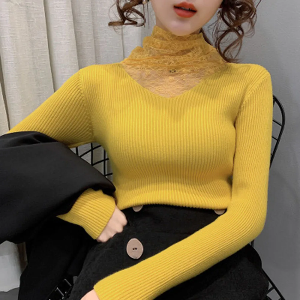 

2021 Women's Autumn New Sweater Pullover Commuter Fashion Style Pure Color Slim Long Sleeve High Neck Lace Thin Knitted Top