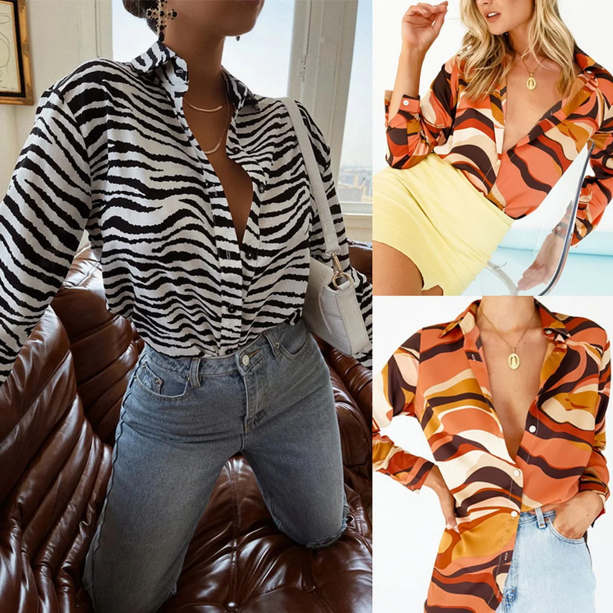 

Fashion Women's Shirts Button Down Lapel Abstract/Zebra Print Long Sleeve Loose Shirt Femme Tops Za 2021 Autumn Blusas sheines