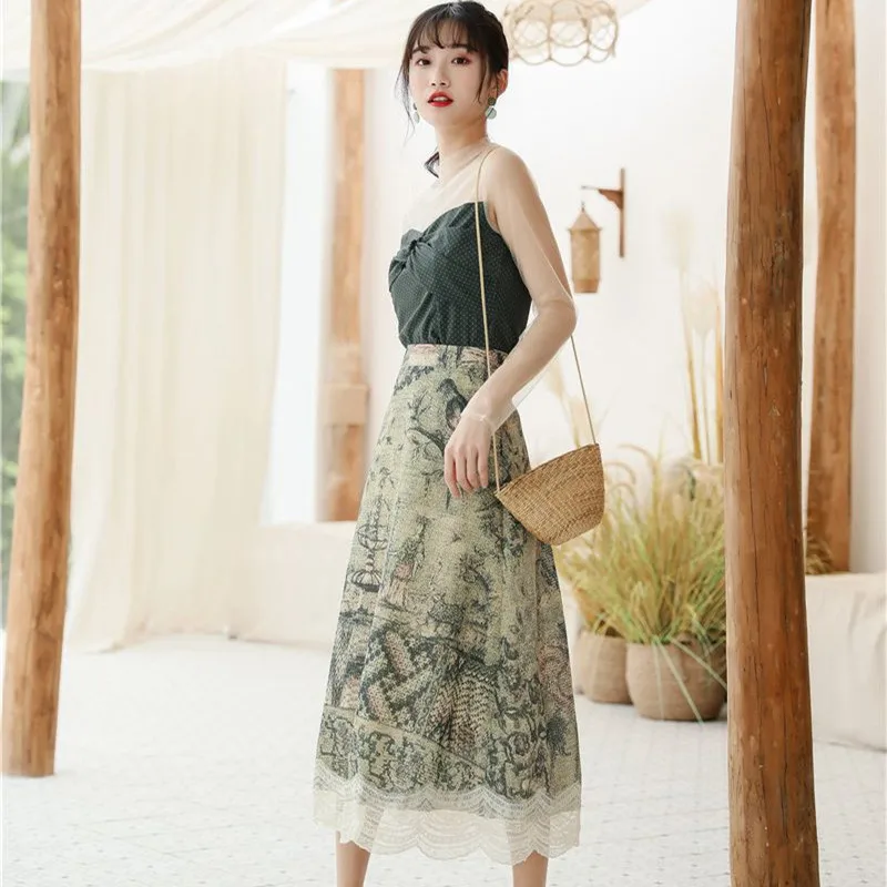 Summer Sweet 2 piece Set Women Short Vintage Green Mesh Patchwork Tops +Mid-length Slim Print Skirt 2020 New Fashion Office Sets | Женская