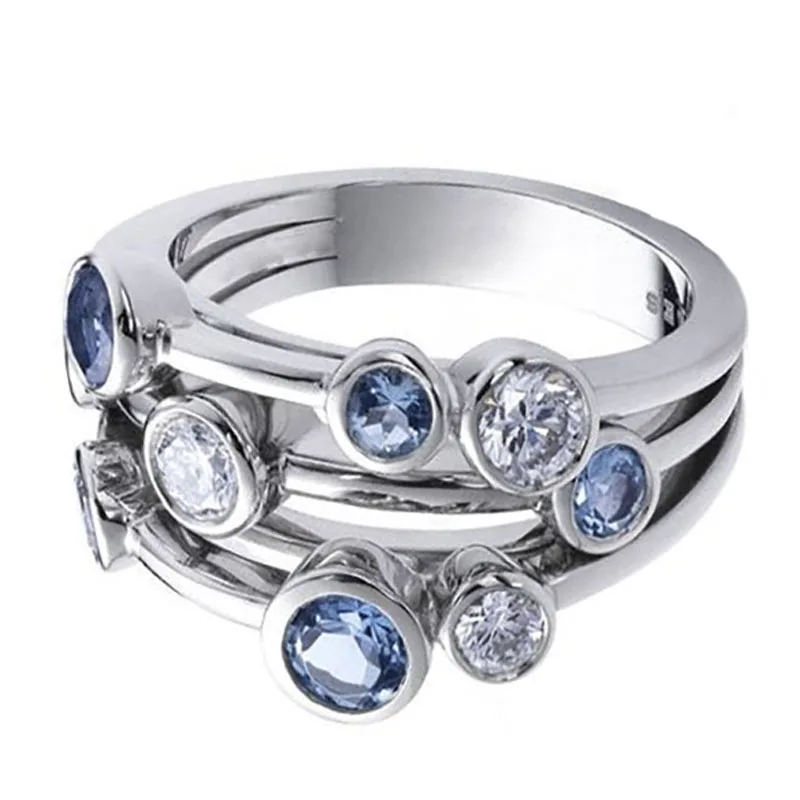

Milangirl Classic Women Band Rings 3 Rows with Round White/Blue Zircon Crystal Copper Female Wedding Jewelry Rings Simple Item