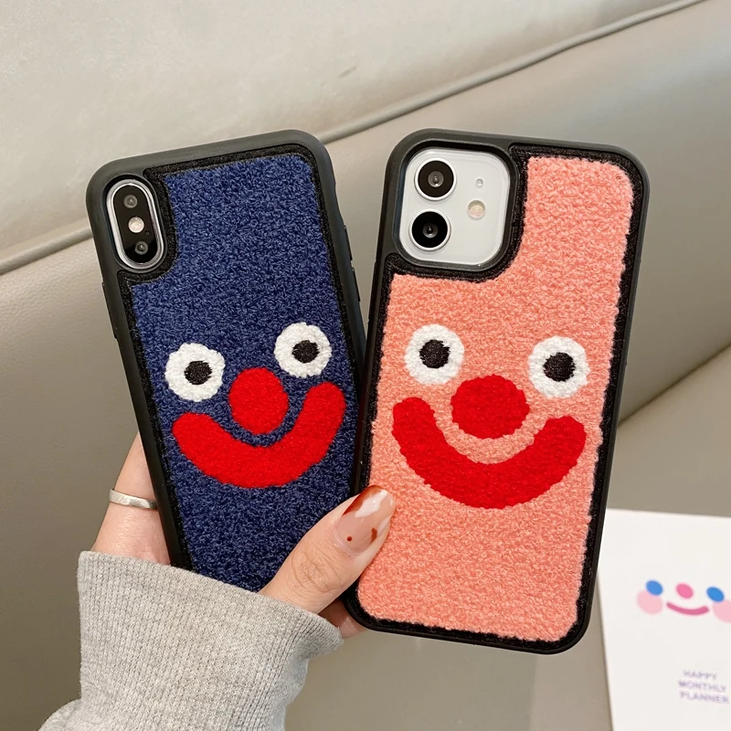 

Funny Clown Embroidery Fluffy Plush Phone Case For iPhone 13 12 11 Pro Max X XR XS Max 7 8 Plus Fuzzy Wool Fabrics Hard Cover