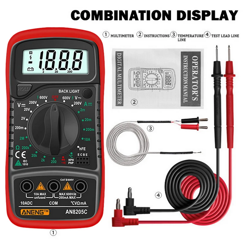 

AN8205C Digital Multimeter /DC Ammeter Volt Ohm Tester Meter Multimetro With Thermocouple LCD Backlight Portable