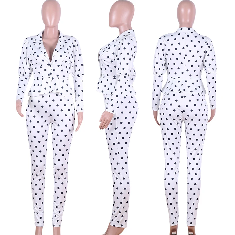 

Polka dots print 2 piece pants set Women buttoned long sleeve tops and pencil pants tracksuit Elegant ladies two piece set