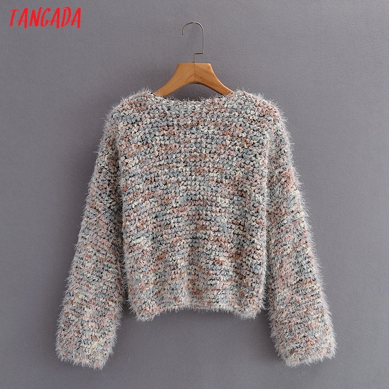 

Tangada Women 2021 Fashion Elegant Colorful Yarn Crop Knitted Sweater Jumper O Neck Female Pullovers Chic Tops 1F365