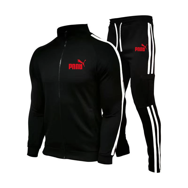 

2021 Spring New Brand LOGO Men's Zipper Cardigan Jacket + Sports Pants Suit Striped Running Gym Basketball Jogging 2-Piece Set