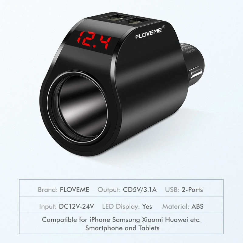 Автомобильное зарядное устройство Floveme с двумя USB портами и цифровым