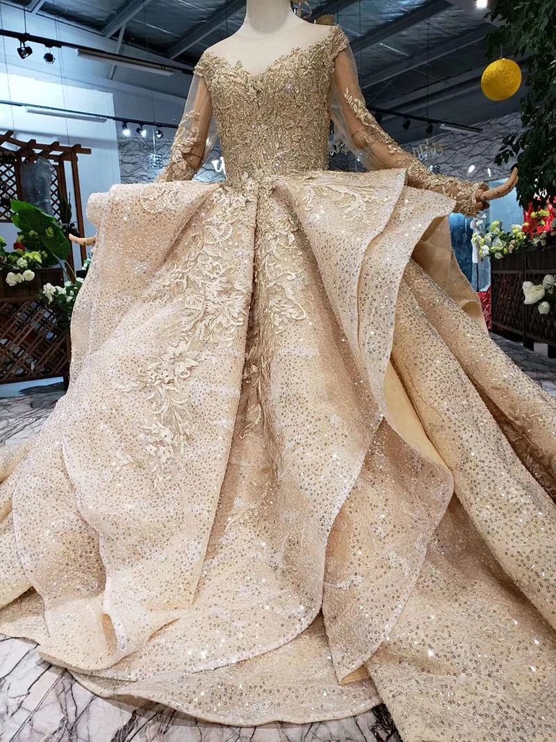 BGW 22722ht Золотое Пышное вечернее платье из тюля с круглым вырезом и длинным рукавом