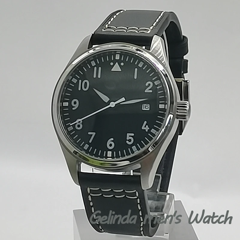 

40mm Simple Fashion Automatic Men's Mechanical Watch, Green Luminous Black Sterile Dial, High Quality Leather Pin Buckle