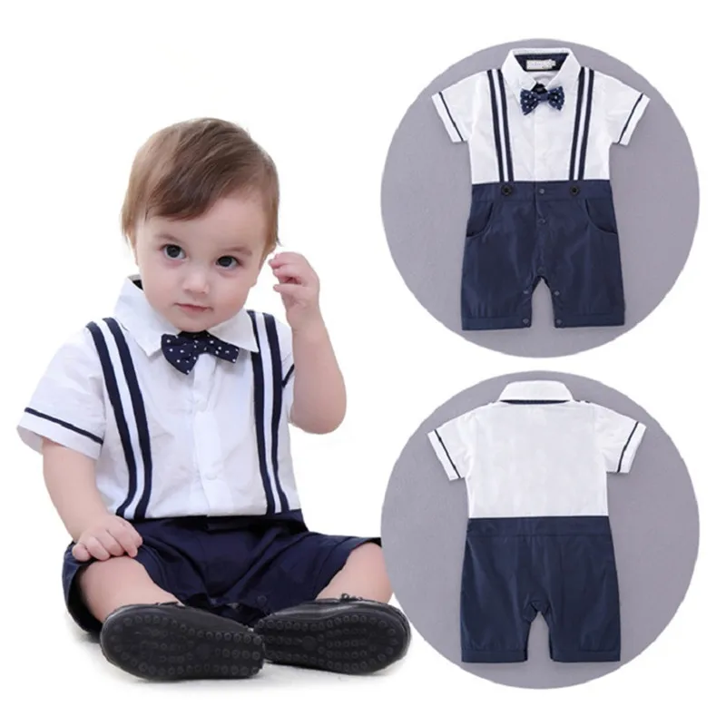 

Boys Baby clothing Gentleman Rompers Dots Bow Straps Summer One Piece Short Sleeve newborn Jumpsuits Overalls Toddler Clothes