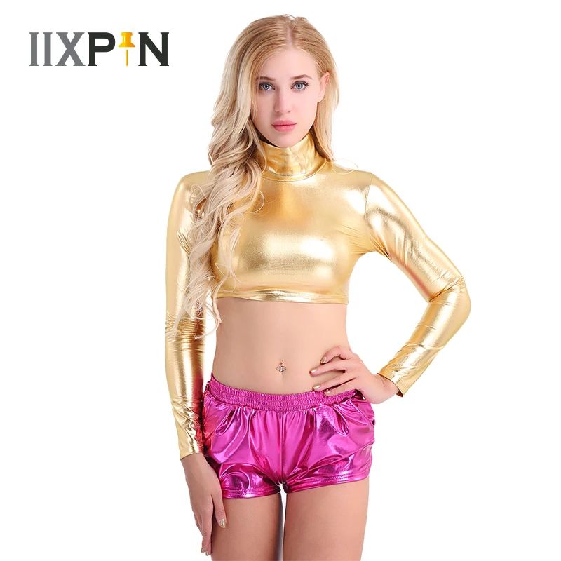 Женская Блестящая водолазка из лакированной кожи с длинным рукавом| |