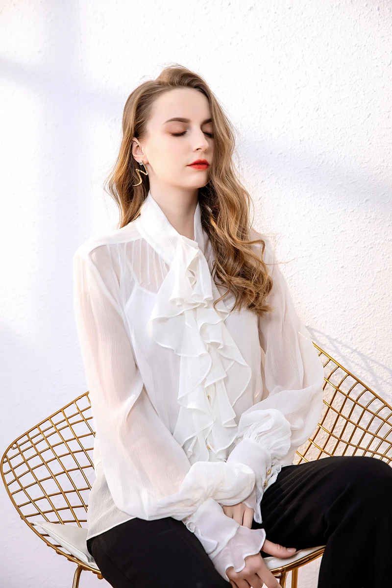 Женская модельная рубашка из 100% чистого шелка элегантная с круглым вырезом