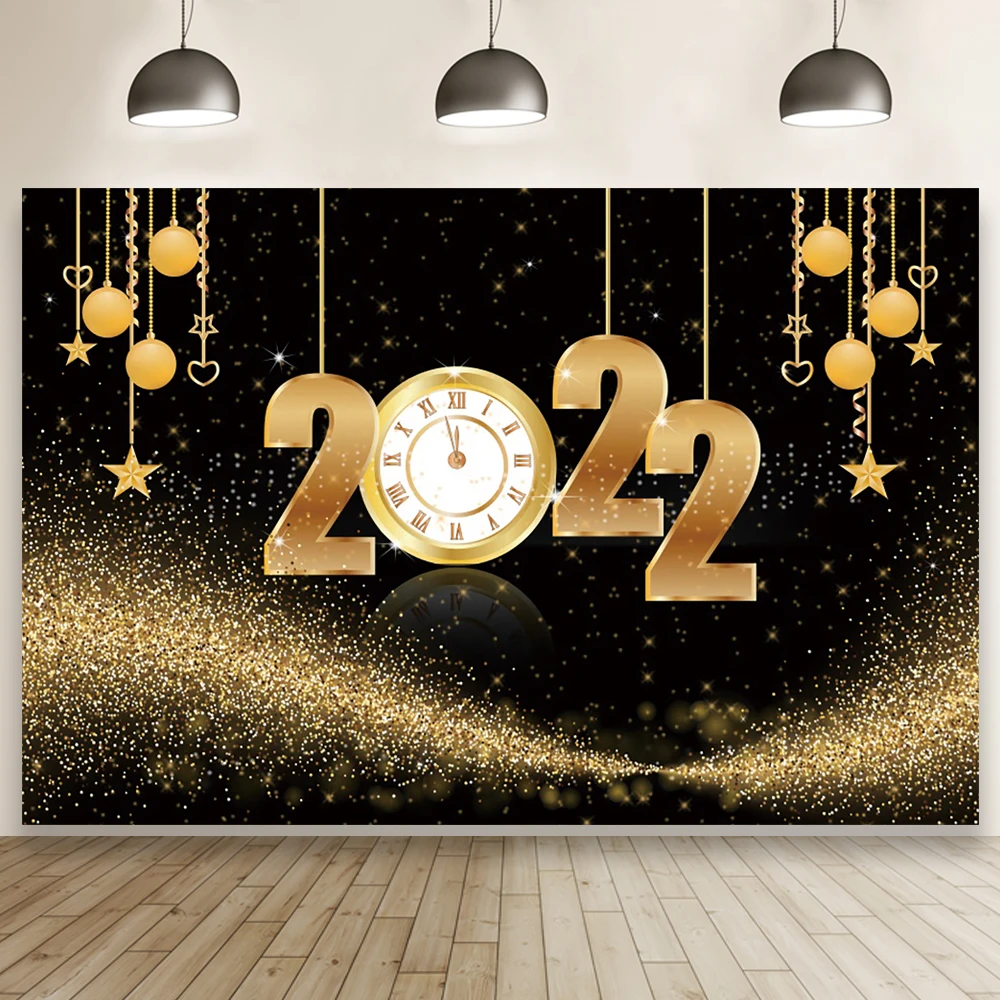 

Виниловый фон для празднования Нового года 2020 года с изображением черных золотых часов подвесных шаров звезд