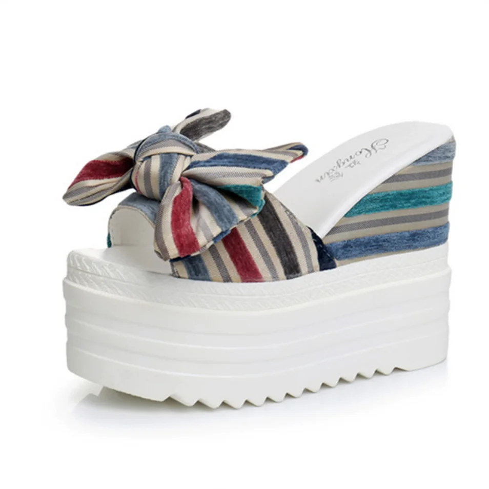 

Summer Bowknot Wedges Heel Women Slippers Platform Peep Toe Height Increasing Slides 2021Sexy 12CM Ladies Shoes Zapatos De Muje