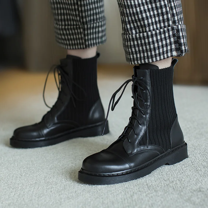 Murah Sepatu Bot Martin Kulit Sapi Asli Sepatu Bot Wanita Bersol Tebal Musim Gugur 2020 Baru Gaya Inggris Wanita Sepatu Bot Pergelangan Kaki Bulat Renda