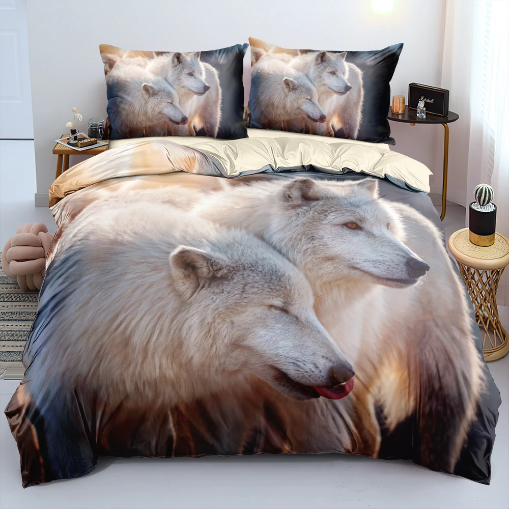 

HD Couple White Wolves Bedding Set Cream Blanket/Quilt Cover Set Full Double King Size 203x230cm Linens Bed Fashion Decoration