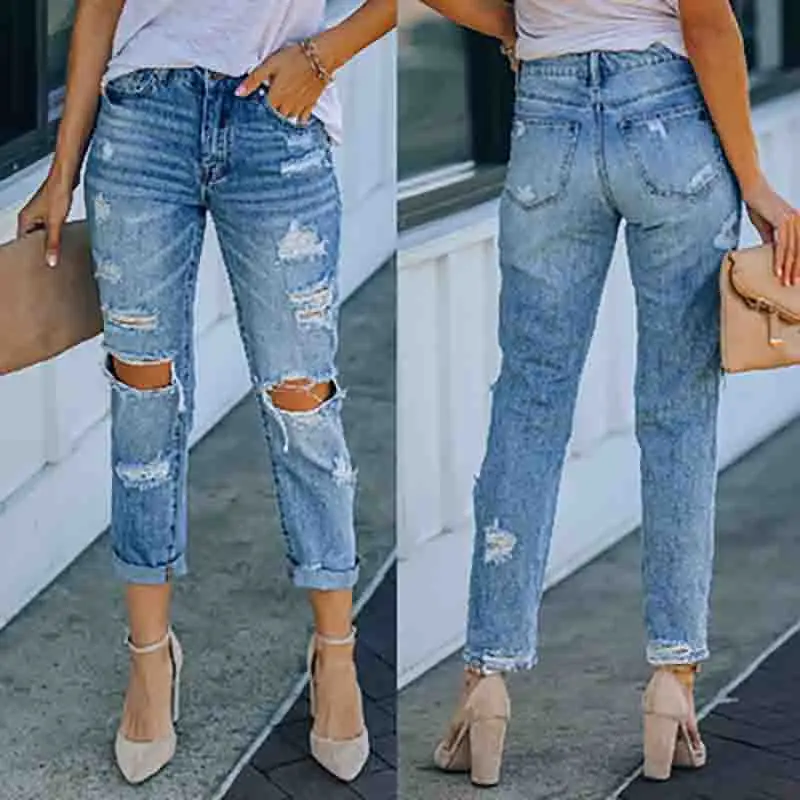 

Street Fashion Blue Feet High Waist Washed Jeans Ripped Straight Pants Pocket Cowgirl Pants