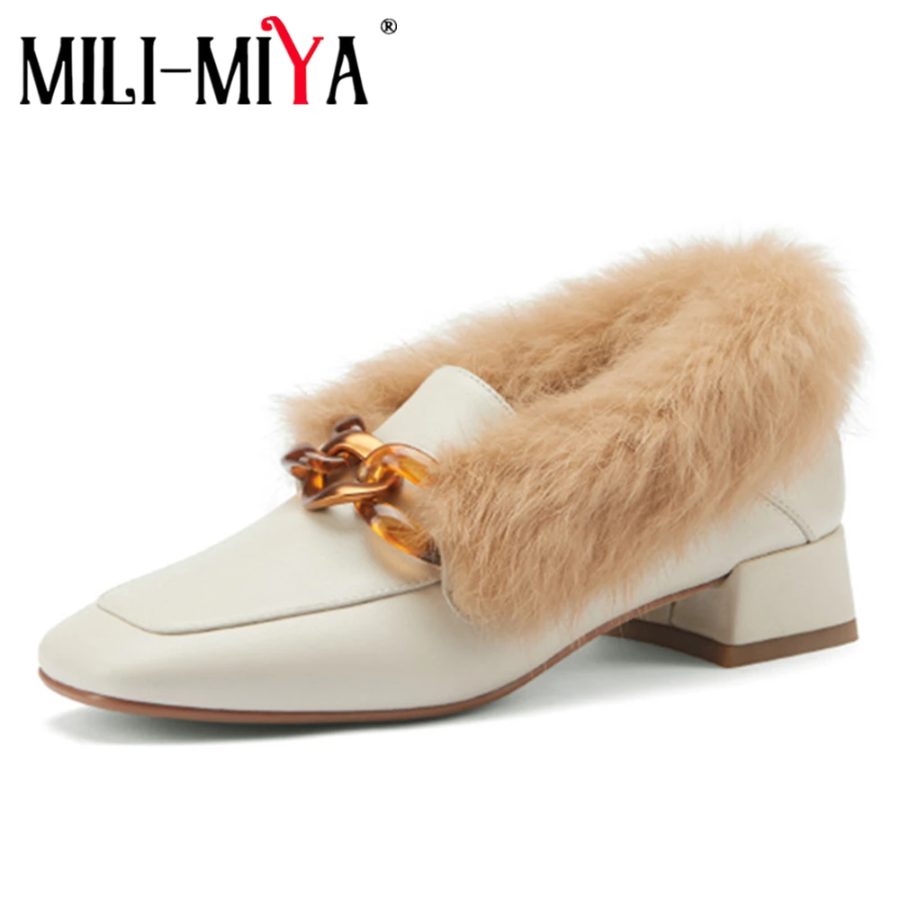 

MILI-MIYA Fashion Design Women Cow Leather Pumps Square Toe Slip On Rabbit Hair Thick Heels Solid Color Plus Size 34-40 For Lady