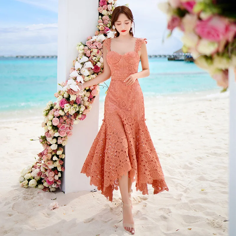 

High Quality 2020 Summer Runway Lace Dress Women Sexy Sleeveless Strapless Hollow Out High Waist Ruffles Mermaid Dress