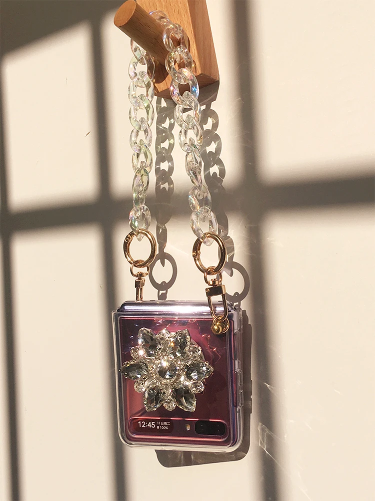 diamond flower transparent phone case with crystal chain for samsung galaxy z flip 5g protective case capa for galaxy z flip 3 free global shipping