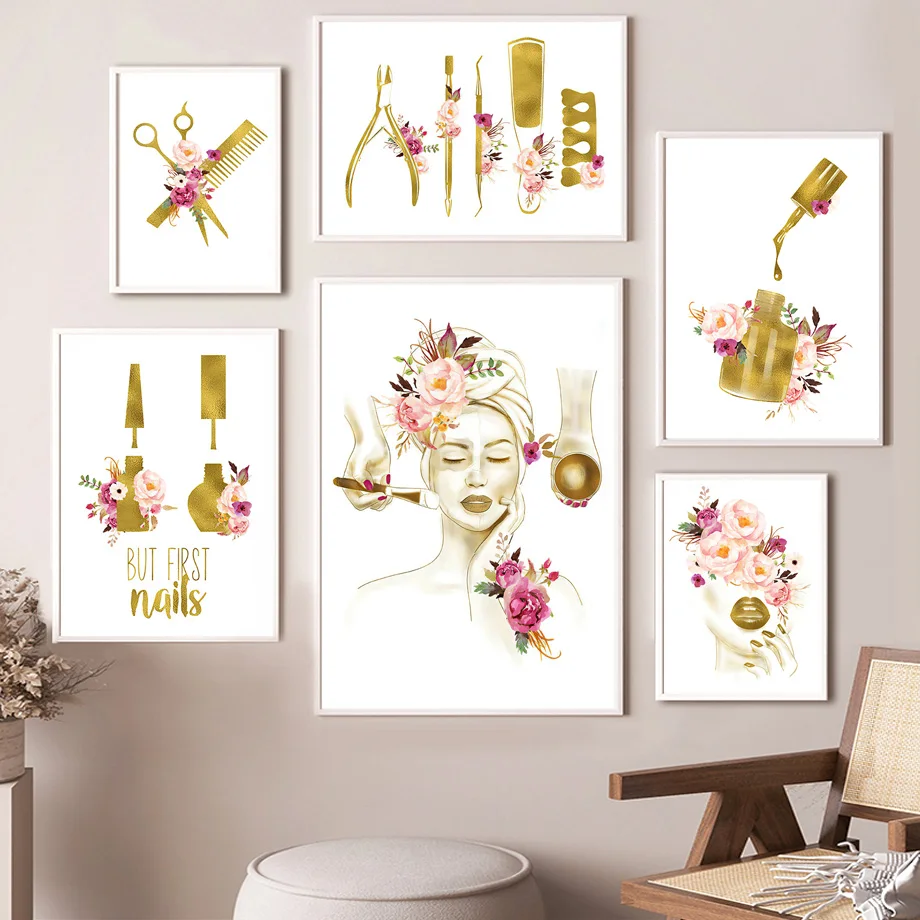 

Fashion Paris Lady Make Up Flower Golden Nail Polish Nordic Poster Wall Art Print Canvas Painting Decor Pictures For Living Room