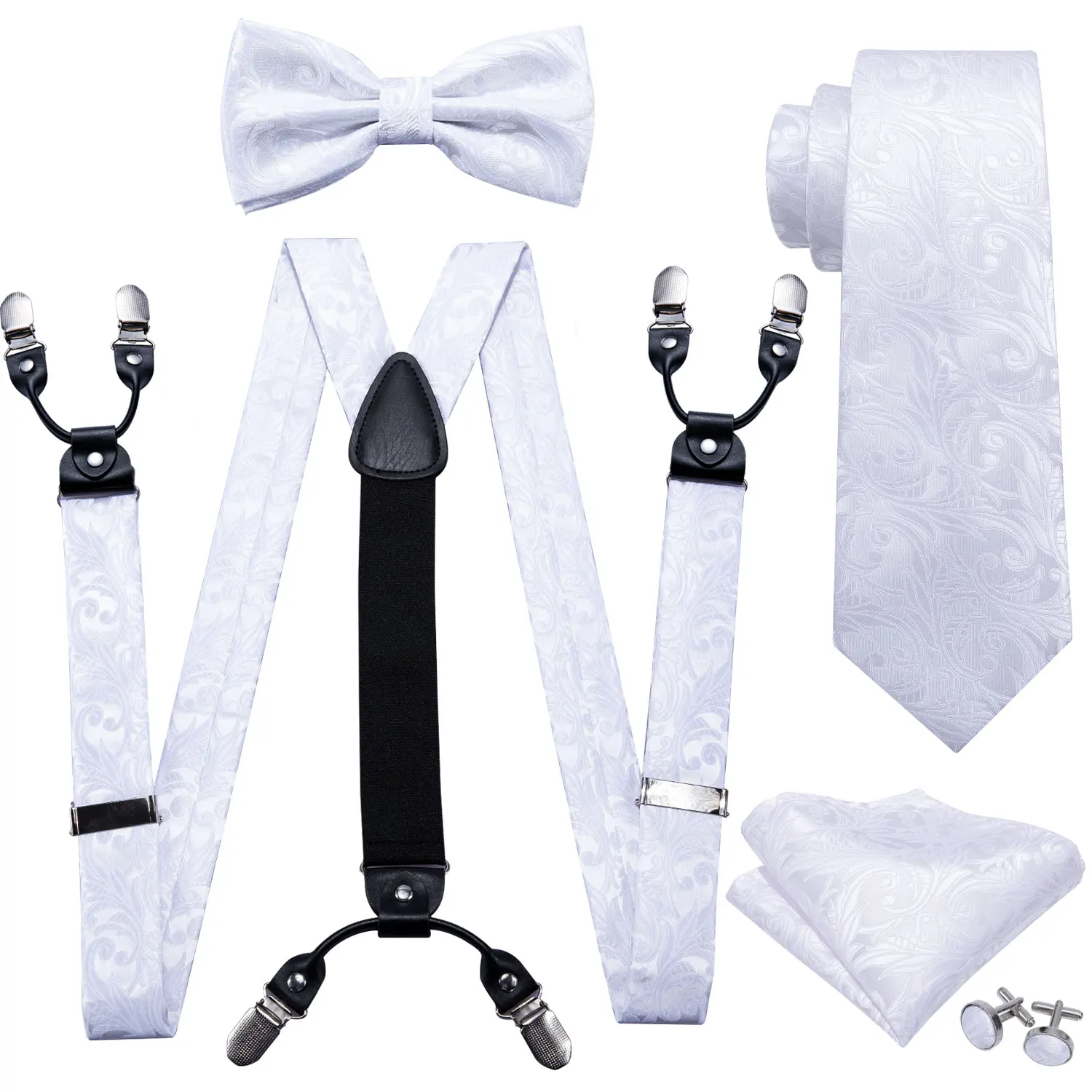 

White Paisley Pre-Bow Tie Silk Ties For Men Suspenders Handkerchief Cufflink Set Barry.Wang Fahsion Designer Wedding Gift S-2006