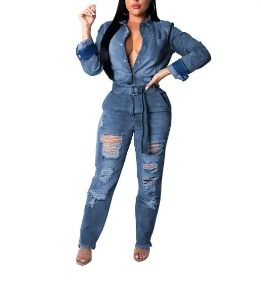 Женский джинсовый комбинезон с потертостями однотонный элегантный повседневный