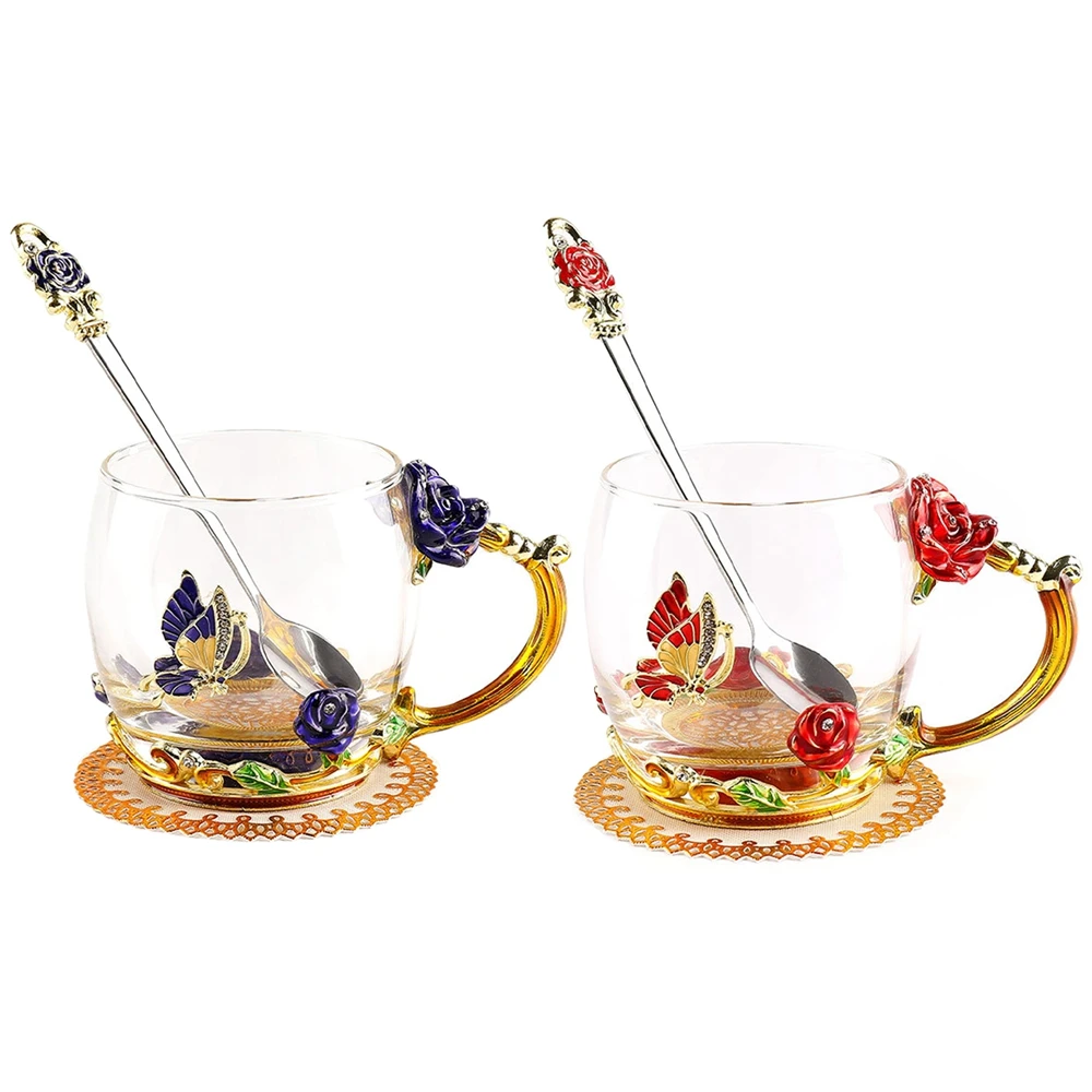 

Heat-Resistant Glass Mug With Handle and Spoon Breakfast Milk Cup Office Home Coffee Mugs rose pettren Juice Tea Water Glass