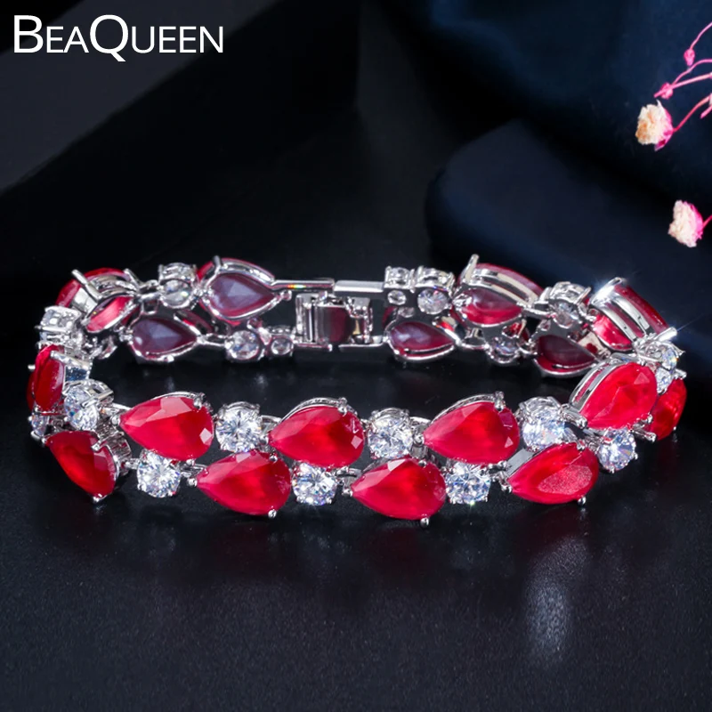 

BeaQueen Stunning 2 Rows Dark Rose Red Cubic Zirconia Water Drop Stone Big Wide Bangle Bracelet for Women Accessories 2020 B199