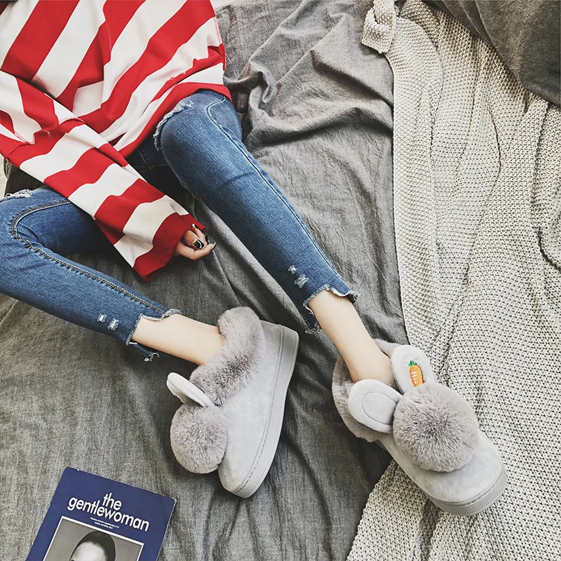 Милые тапочки с кроликом Женские черные зимние теплые меховые хлопковые